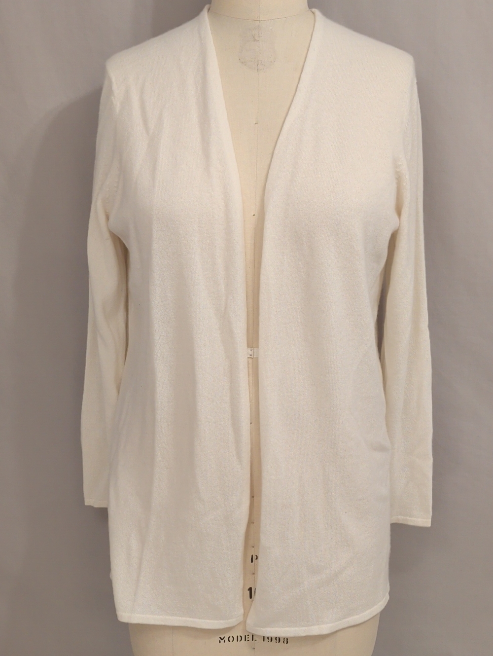Cashmere Open Front Cream Knit Long Cardigan Soft Lightweight Ivory
